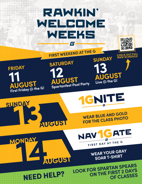 Rawkin' Welcome Weeks- first Weekend at the G banner and schedule. Dates listed are Friday August 11 through Monday August 14.